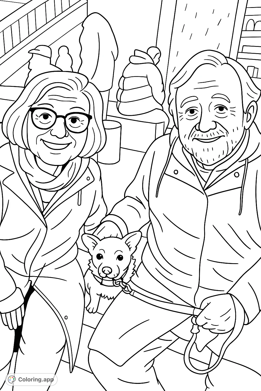 A heartwarming coloring page featuring a smiling older couple and their small, fluffy pet dog, sitting together in a public setting. Perfect for all ages.