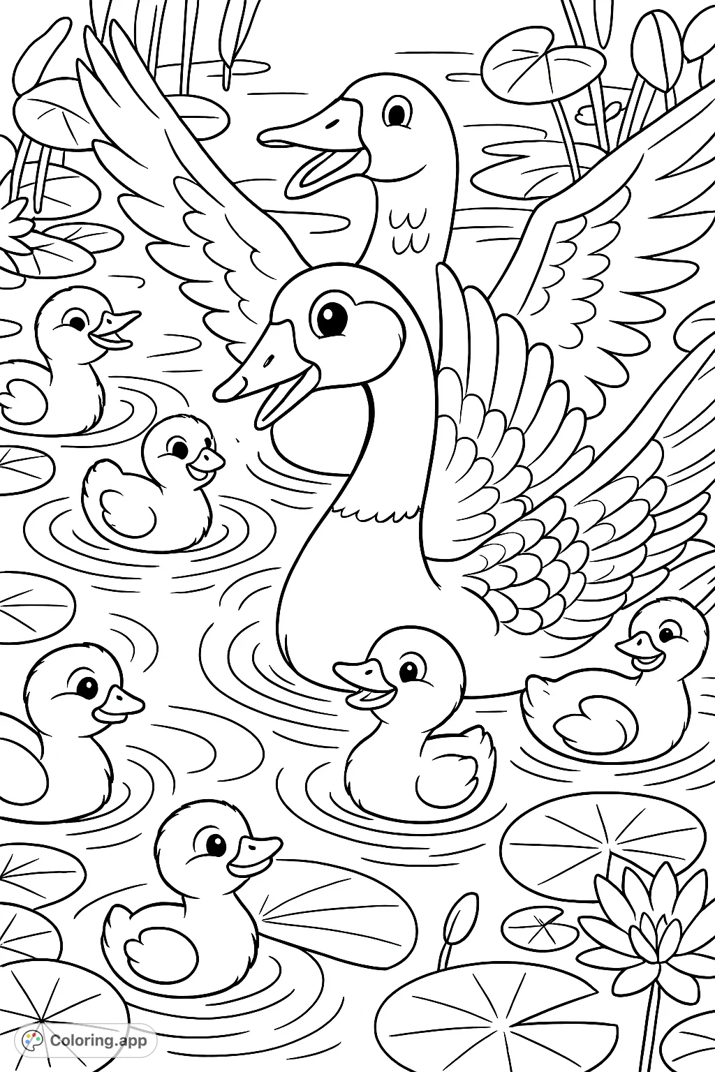 Dive into a charming geese and goslings coloring page! Featuring a happy goose family swimming among lily pads, perfect for a cartoony, bold outline style.