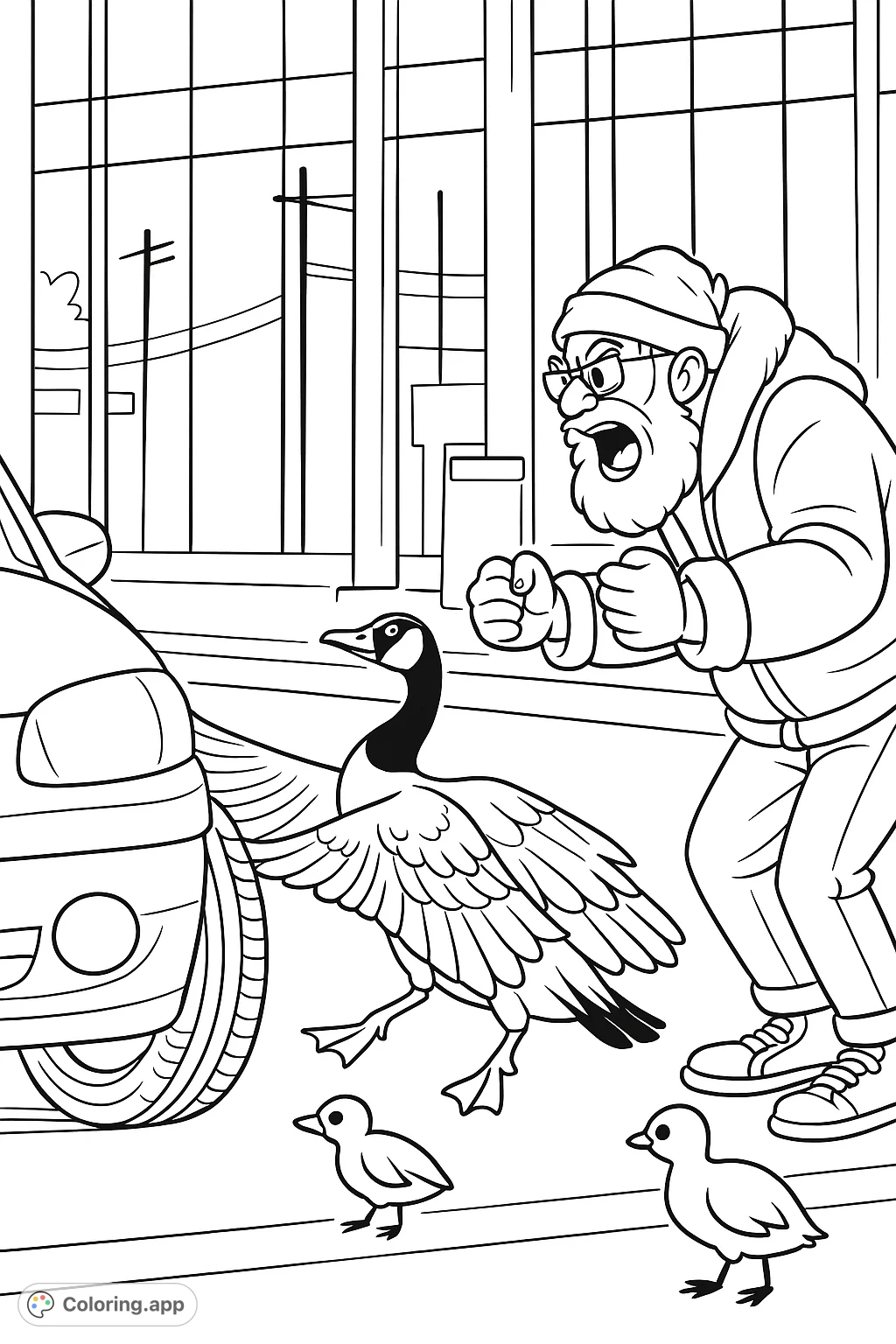 A cartoony standoff! An angry man confronts a protective goose and its goslings on a busy road, with a car nearby. A fun, dramatic scene to color.