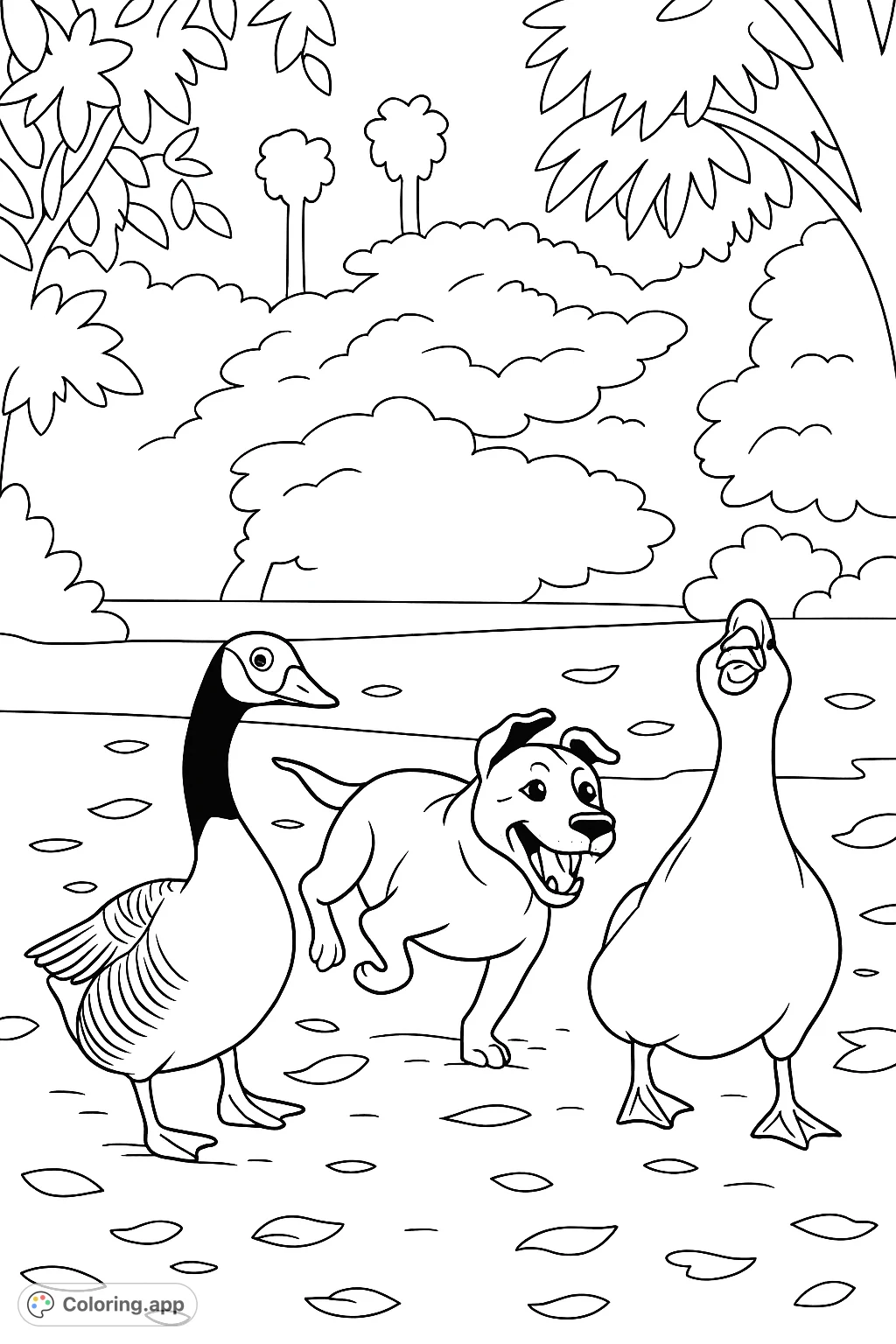 A cartoony scene of a playful dog chasing two geese on a dirt path, surrounded by lush foliage and distant hills. A fun animal adventure coloring page.