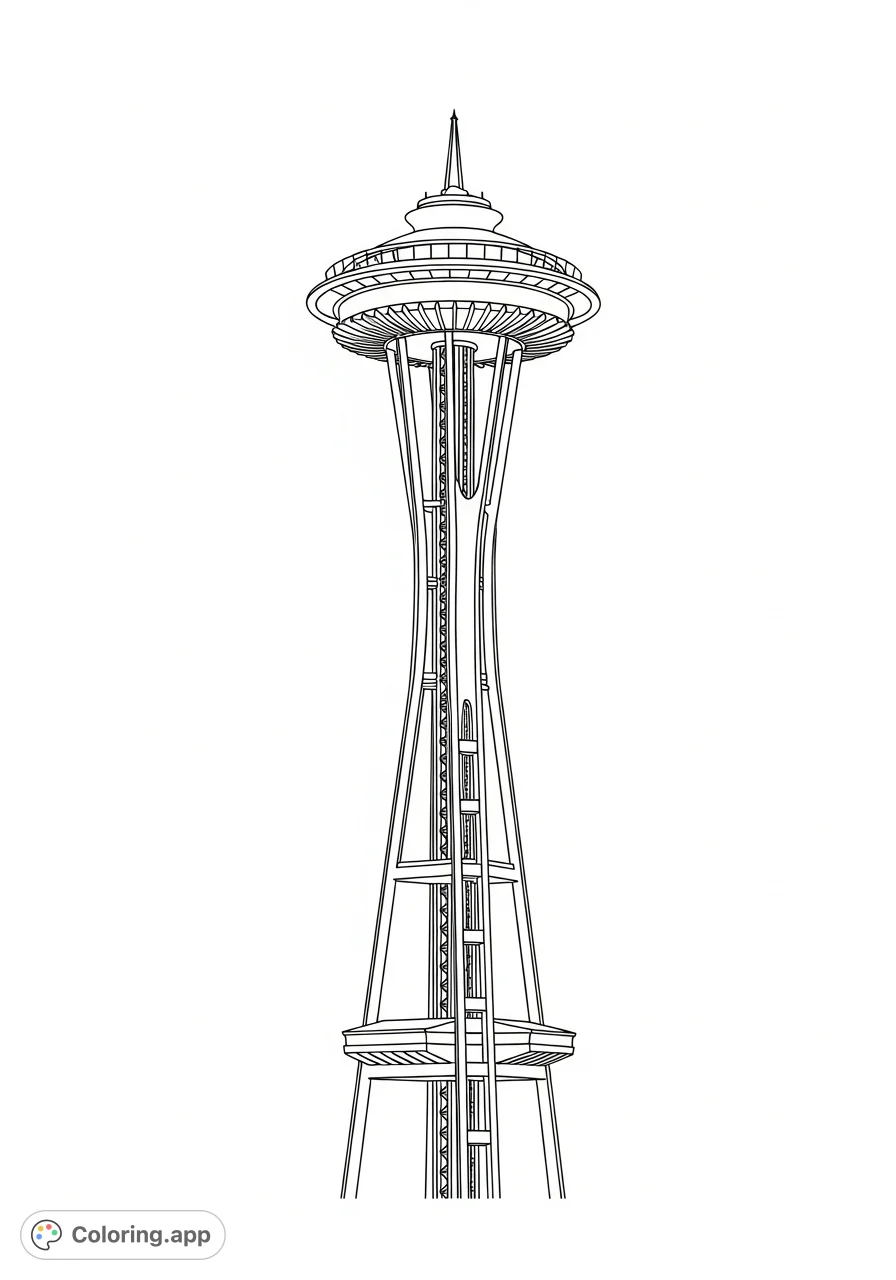 A clean, minimalist outline of the Seattle Space Needle, capturing its iconic silhouette. Perfect for a relaxing and focused coloring experience for all.