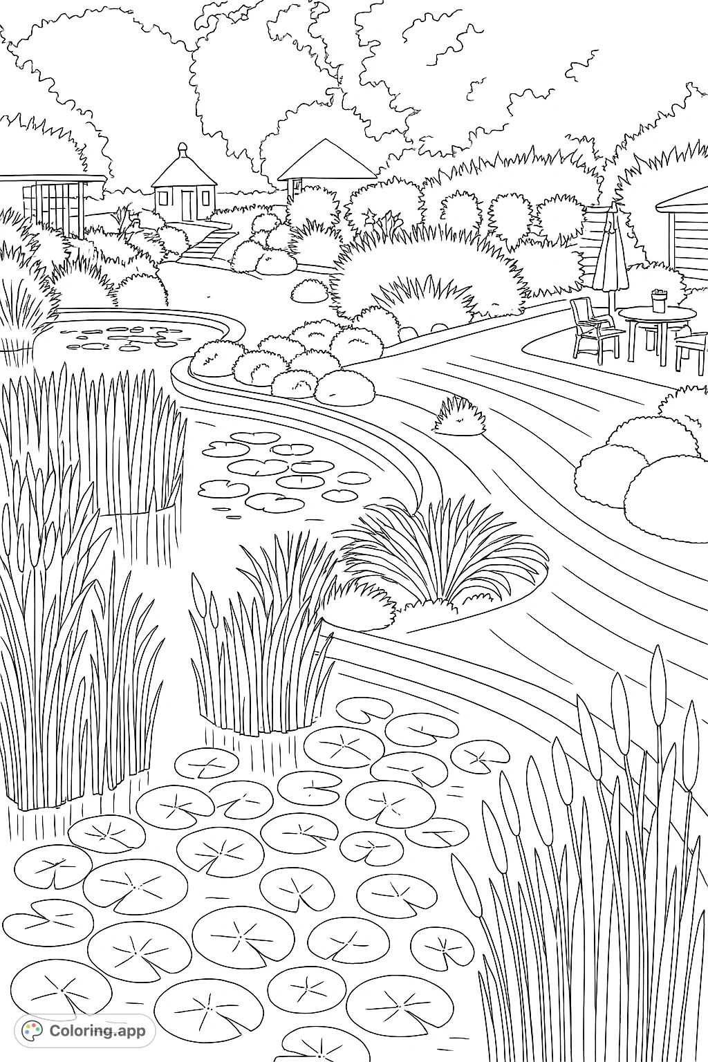 Explore a tranquil garden featuring a winding pond with lily pads, manicured lawns, and charming structures. A perfect escape for creative coloring.