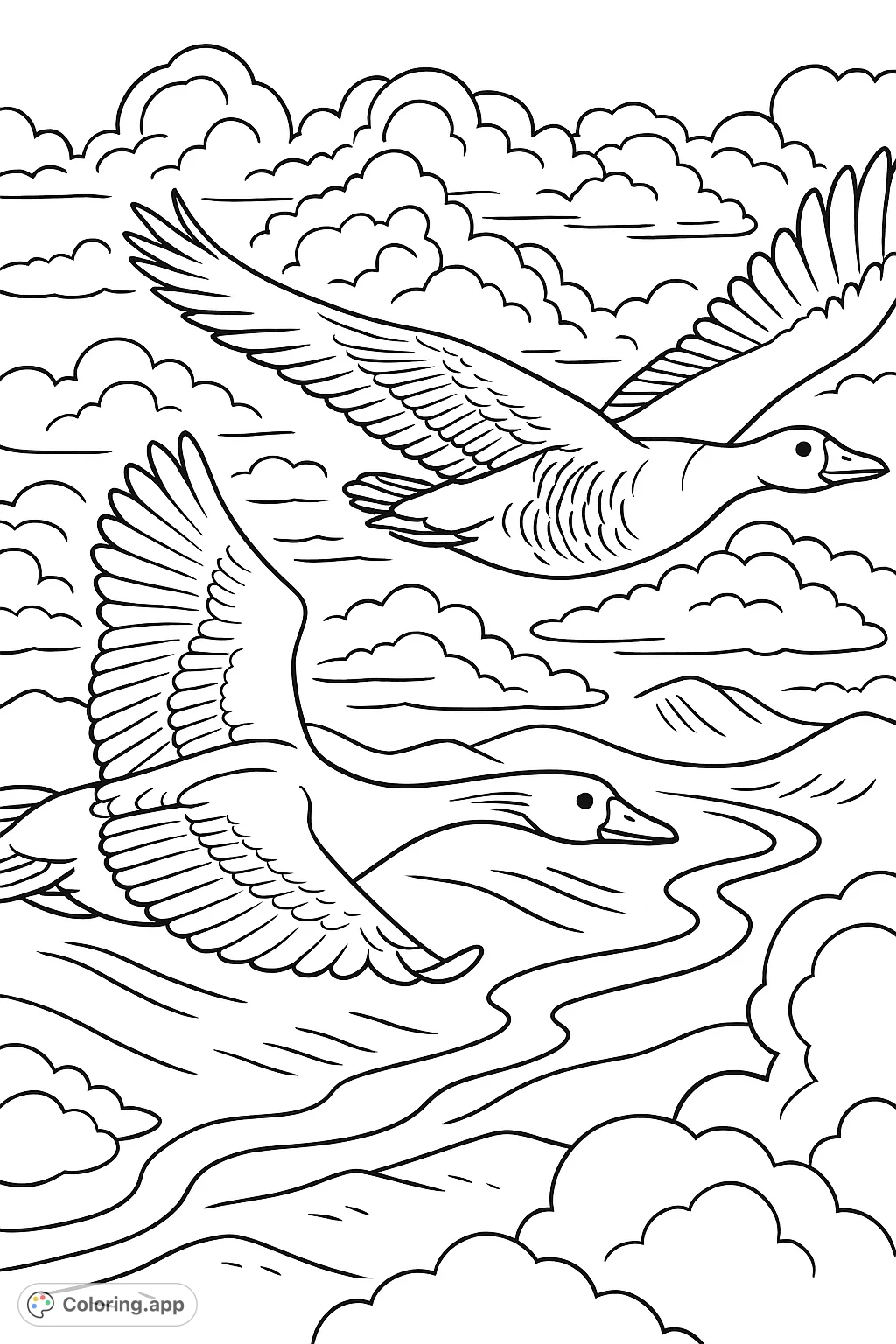 Experience the freedom of flight with this cartoony geese coloring page. Two majestic birds soar above a cloud-filled landscape, perfect for all ages.