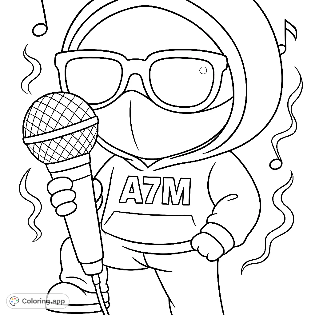 Color a cool character in a hoodie, sunglasses, and mask, holding a microphone amidst musical notes. Perfect for music lovers and creative expression!