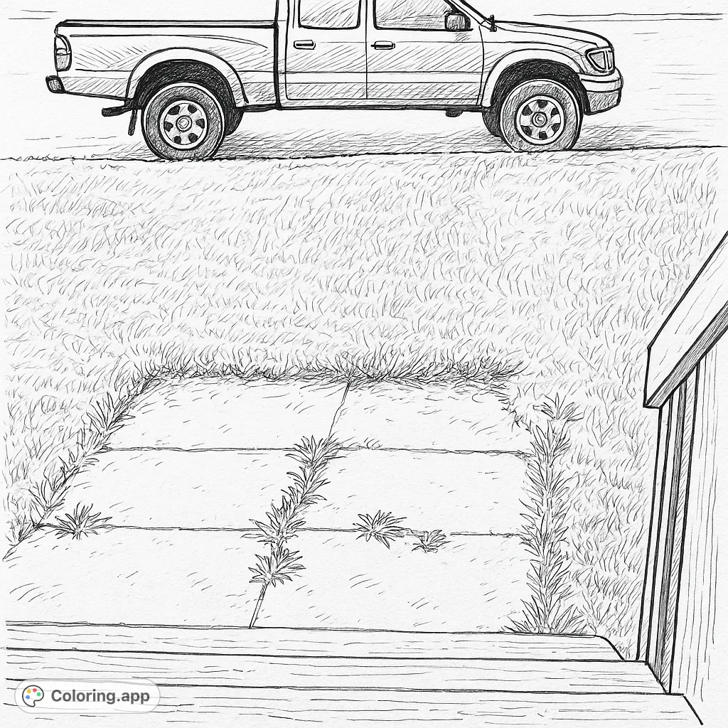 A detailed hand-drawn sketch of a pickup truck parked on a street, overlooking a grassy path with concrete slabs. Perfect for vehicle enthusiasts and nature lovers.