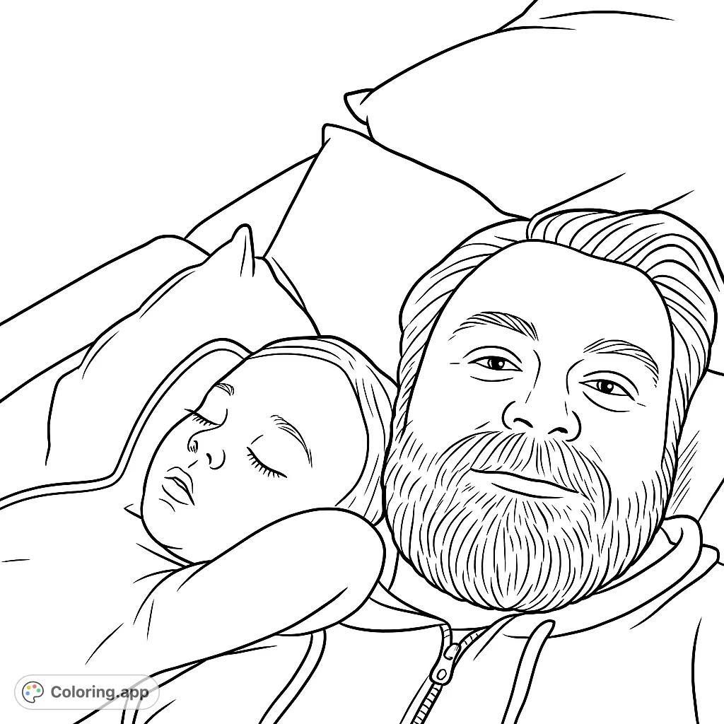 Capture a tender moment of a father and child resting together. This heartwarming scene is perfect for a peaceful coloring experience.