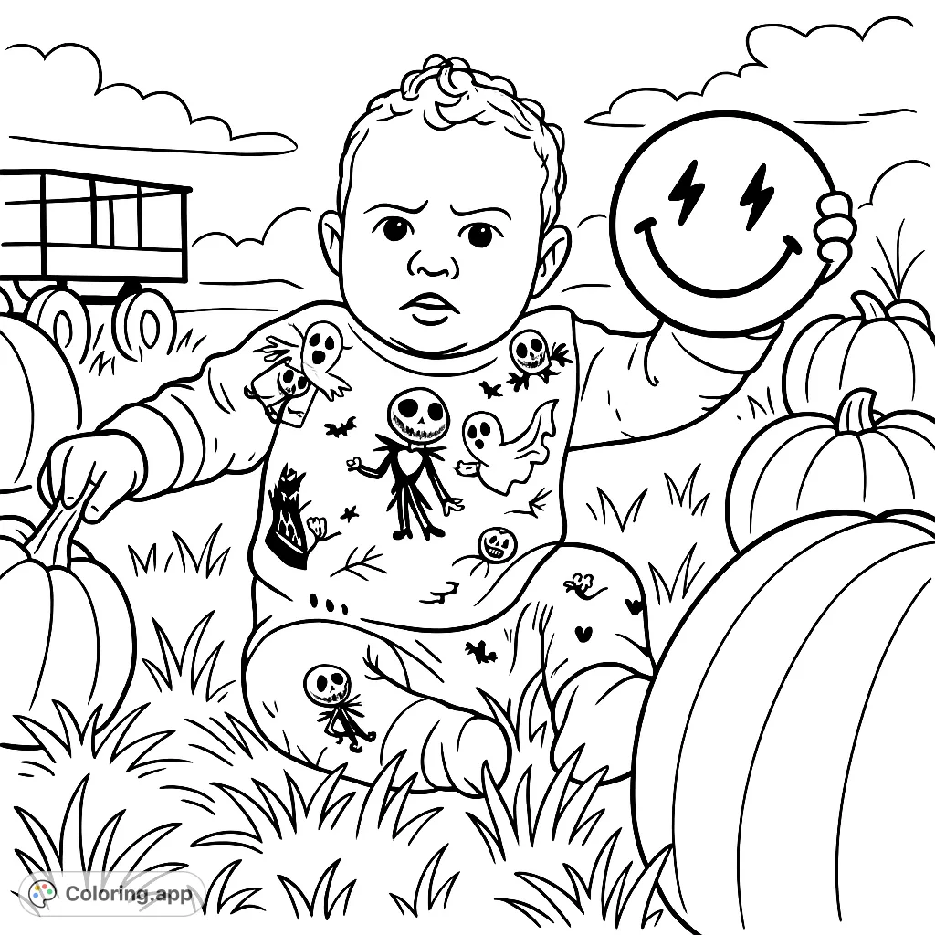 A delightful cartoony baby explores a pumpkin patch, surrounded by festive gourds. Perfect for a fun, simple Halloween-themed coloring adventure!