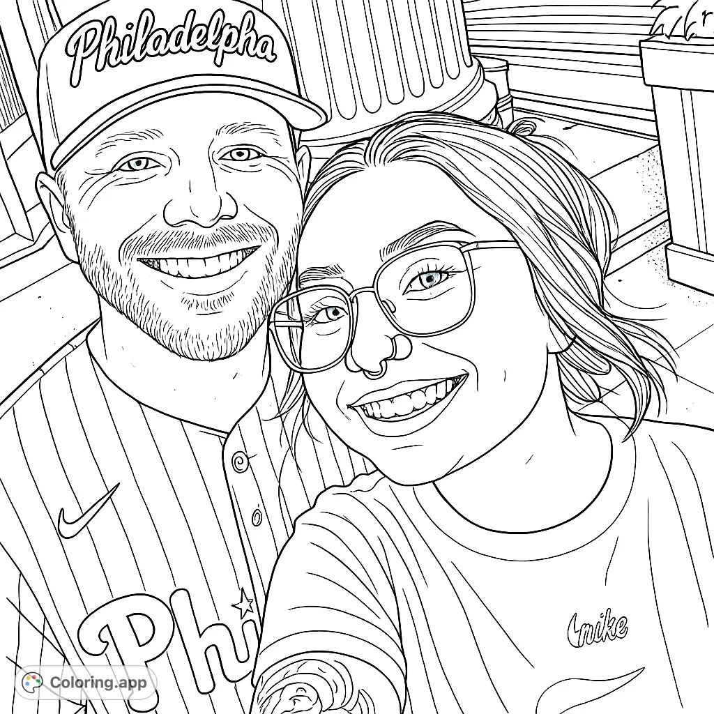 A cheerful couple smiles for a close-up portrait, featuring a man in a baseball jersey and a woman in glasses, set against an urban backdrop.