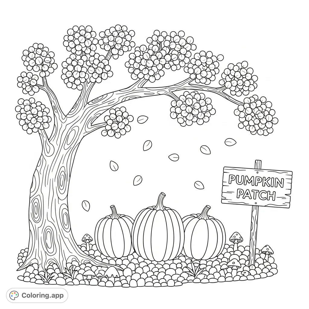 Explore a delightful pumpkin patch coloring page featuring a sturdy tree, three distinct pumpkins, a 'Pumpkin Patch' sign, and scattered leaves and mushrooms.