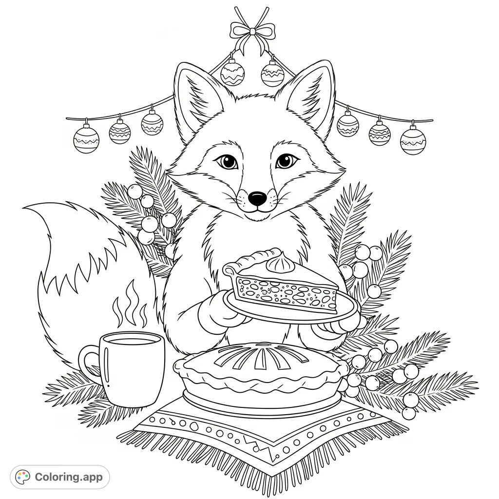 A delightful Holliday fox enjoys a slice of pie in a cozy, festive setting. Perfect for holiday cheer and creative coloring fun!