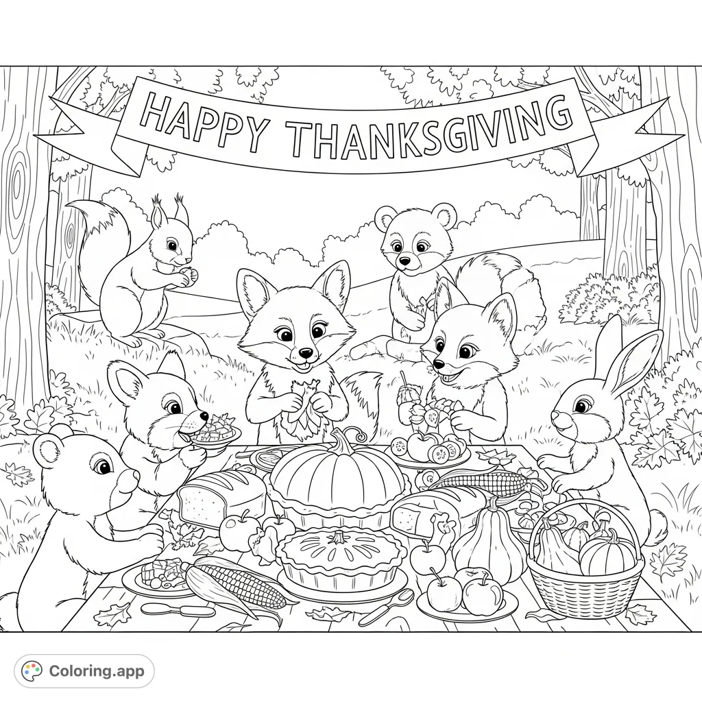 Celebrate Thanksgiving with a charming scene of woodland animals enjoying a festive feast. Perfect for all ages to color and enjoy!