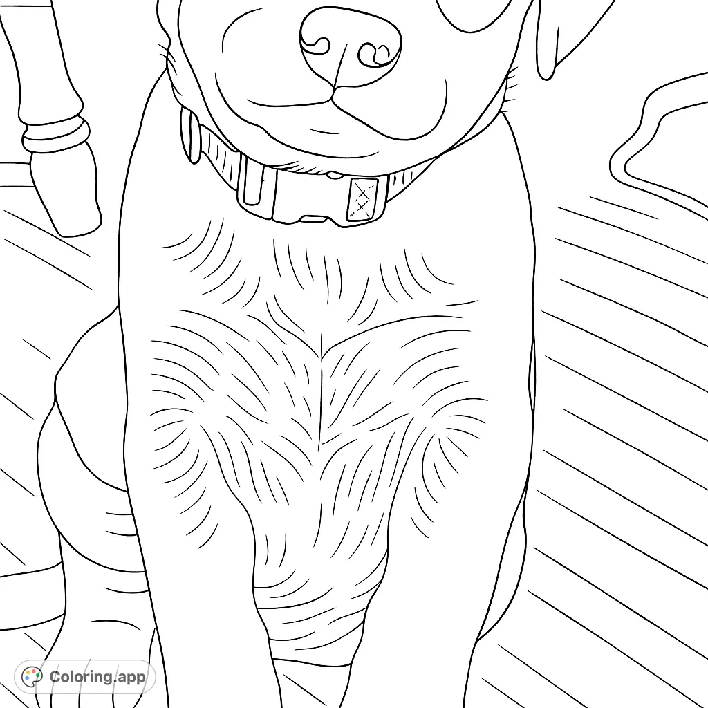A delightful puppy coloring page, perfect for animal lovers. Features a cute puppy with a detailed collar, ready for your creative touch.