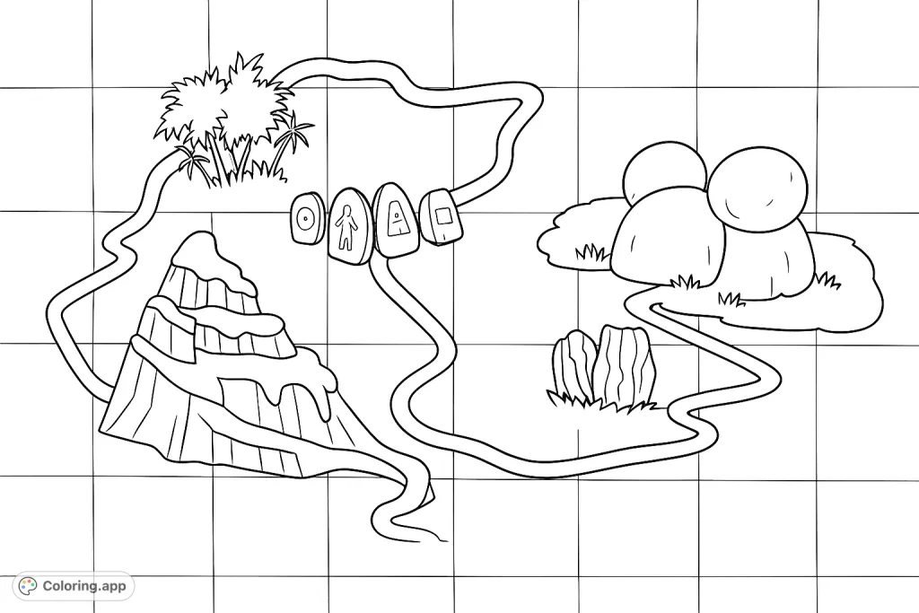 Explore a whimsical map featuring a snowy mountain, tropical island, mysterious structures, and musical stone platforms. A fun adventure awaits your colors!