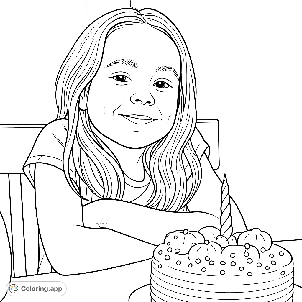 A joyful girl celebrates with a magical unicorn cake, ready for a splash of color. Perfect for young artists to personalize a special moment.