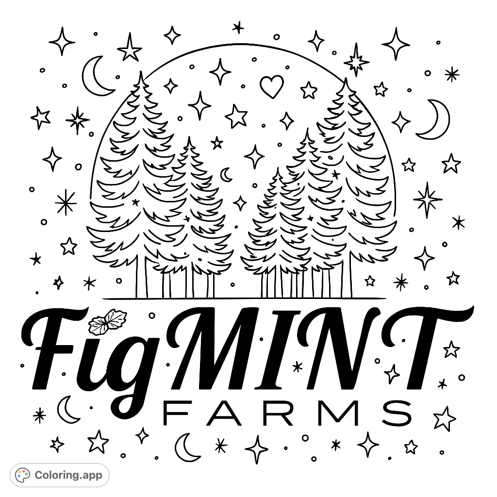 Explore a whimsical forest coloring page with charming pine trees, twinkling lights, celestial elements, and a hidden heart. A free printable for all ages!