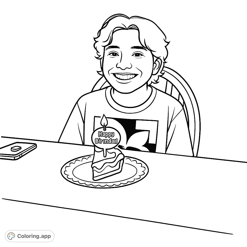 Celebrate a special moment with this birthday coloring page featuring a smiling person, a slice of cake with a candle, and festive details.