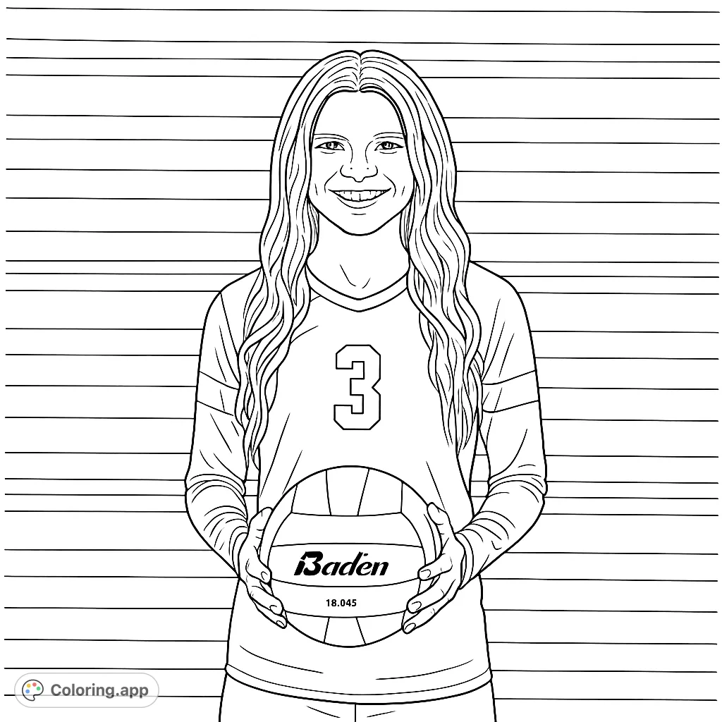 A smiling young woman in a sports jersey holds a volleyball, ready for action. Perfect for sports enthusiasts and aspiring athletes to color.