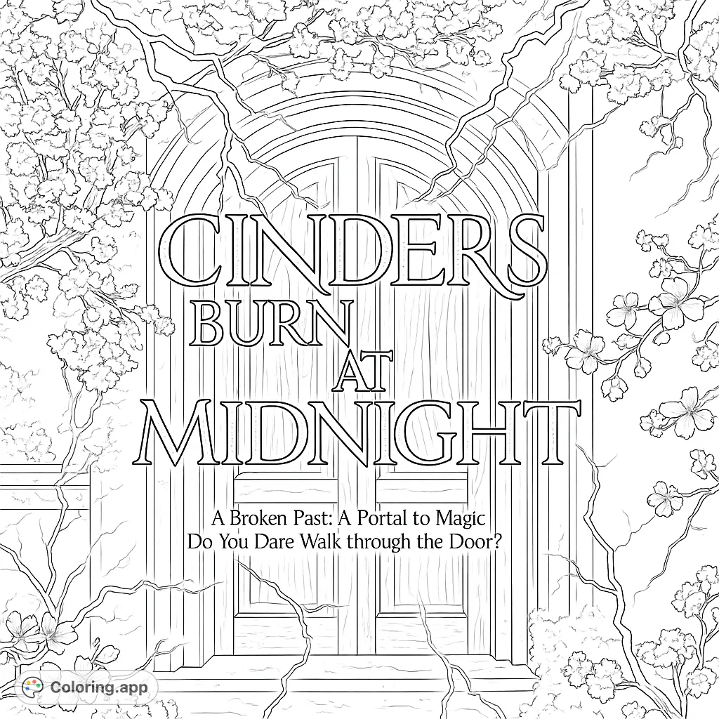 Step into a world of magic with this enchanted doorway coloring page, featuring a grand door, flowering branches, and dramatic lightning.
