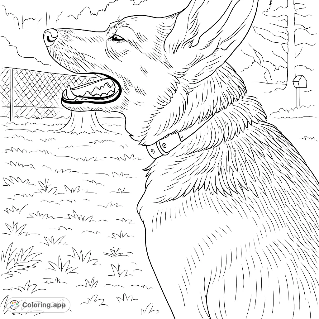 An alert dog with open mouth and upright ears, sitting in a grassy field with a fence and trees in the background. Perfect for dog lovers!