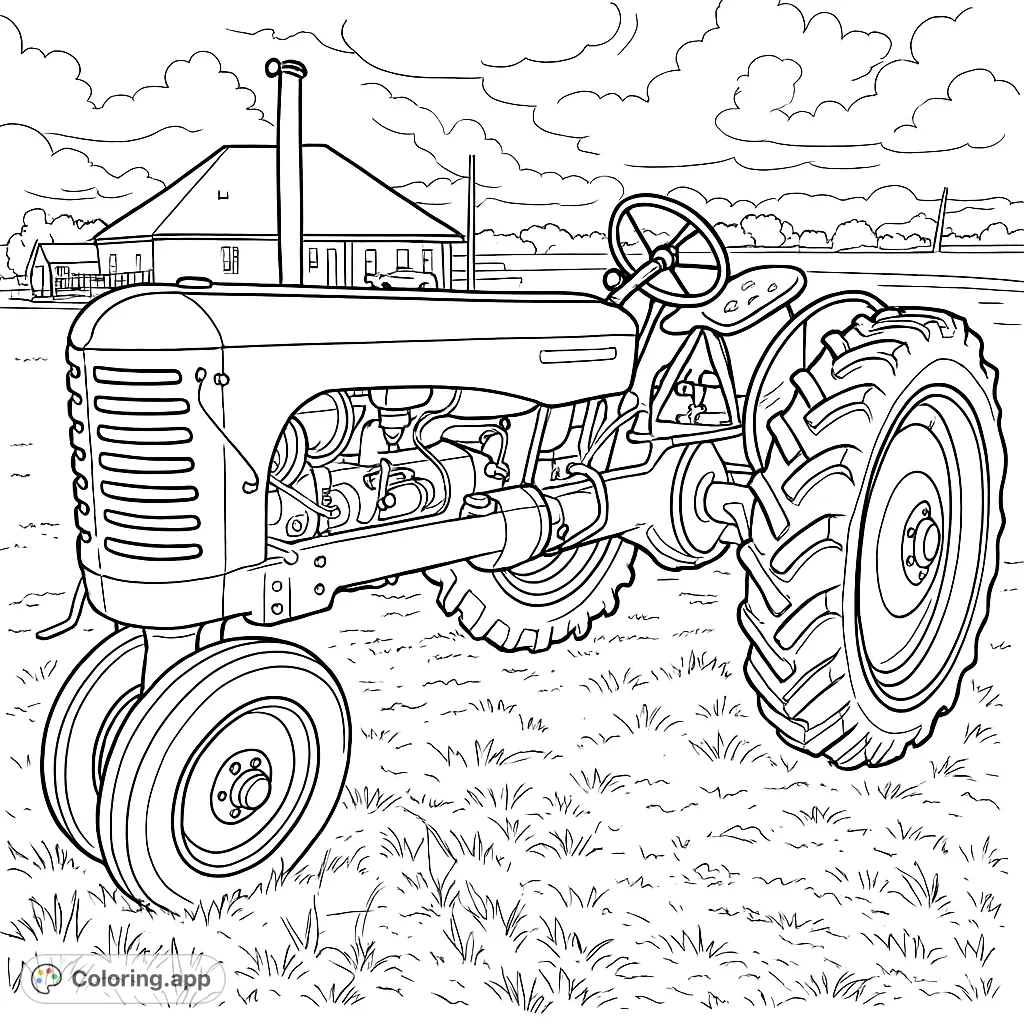 A detailed vintage tractor coloring page, showcasing a classic farm vehicle with intricate mechanical parts and a rustic outdoor setting. Perfect for enthusiasts.