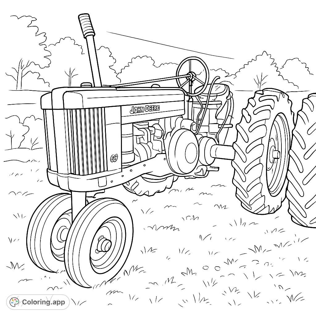Color a classic farm tractor with detailed engine, robust wheels, and a rustic setting. Perfect for vehicle enthusiasts and those who love vintage machinery.