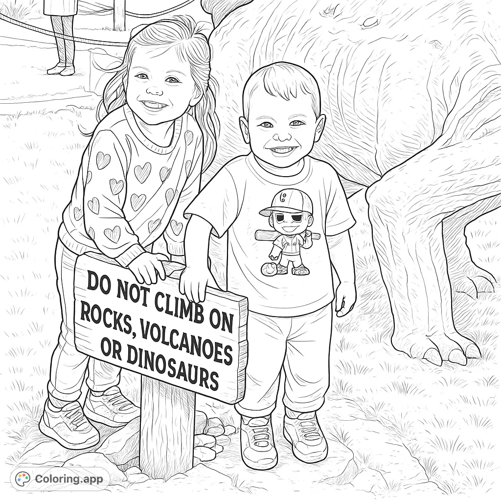 Two smiling children pose by a rustic sign warning against climbing dinosaurs, with a large dinosaur sculpture in the background. A fun park adventure scene.