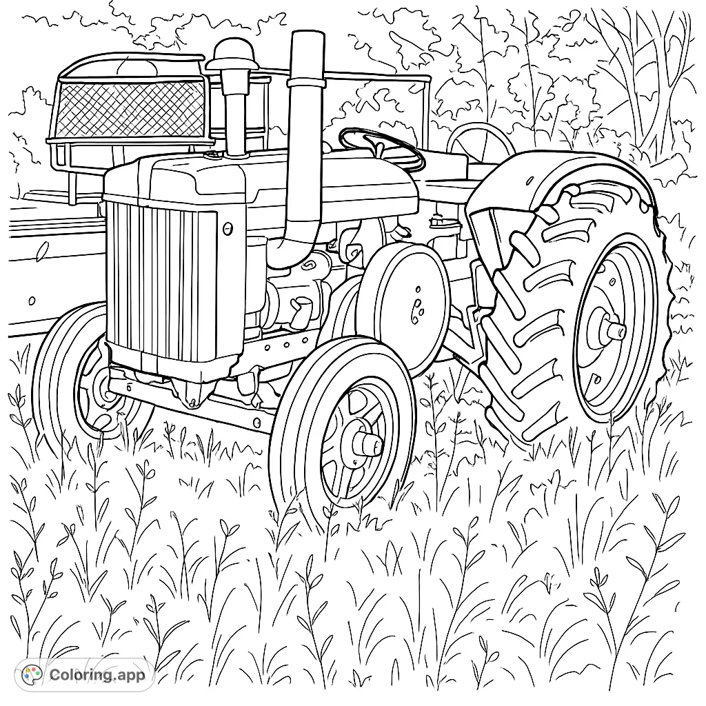 A detailed vintage farm tractor rests in a field, showcasing its classic design and weathered charm. Perfect for enthusiasts of agricultural machinery.