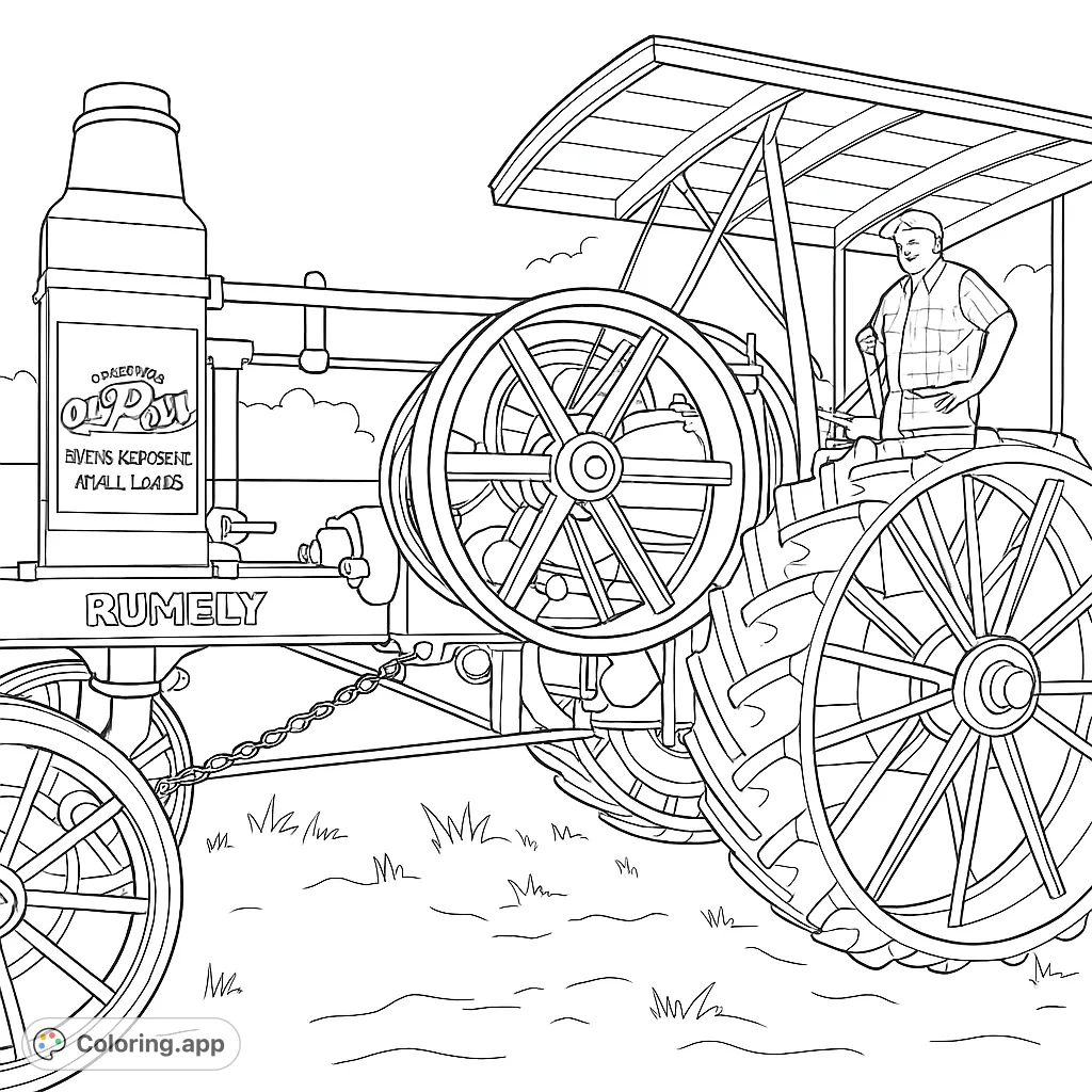 Detailed vintage Rumely OilPull tractor with a man, set against a field and sky. Perfect for history and machinery enthusiasts.