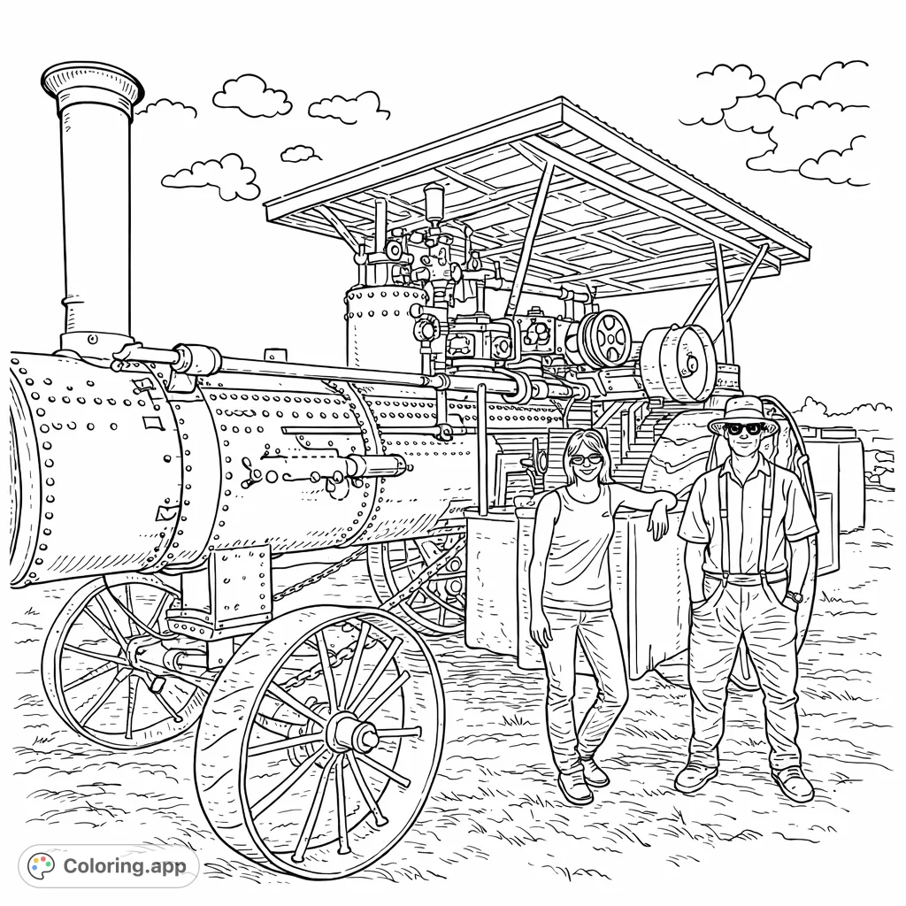 Color a magnificent vintage steam tractor, complete with intricate gears, pipes, and two figures. A detailed historical machinery coloring page for enthusiasts.