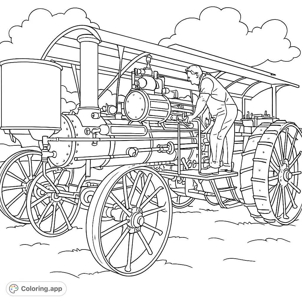Step back in time with this detailed vintage steam tractor coloring page. Features a powerful machine and a person, perfect for history and machinery enthusiasts.
