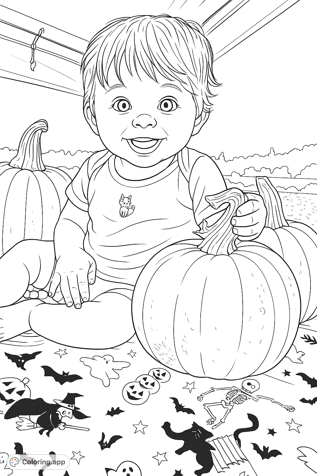 A delightful baby smiles among pumpkins on a festive Halloween-themed tablecloth. Perfect for autumn and harvest season coloring fun!