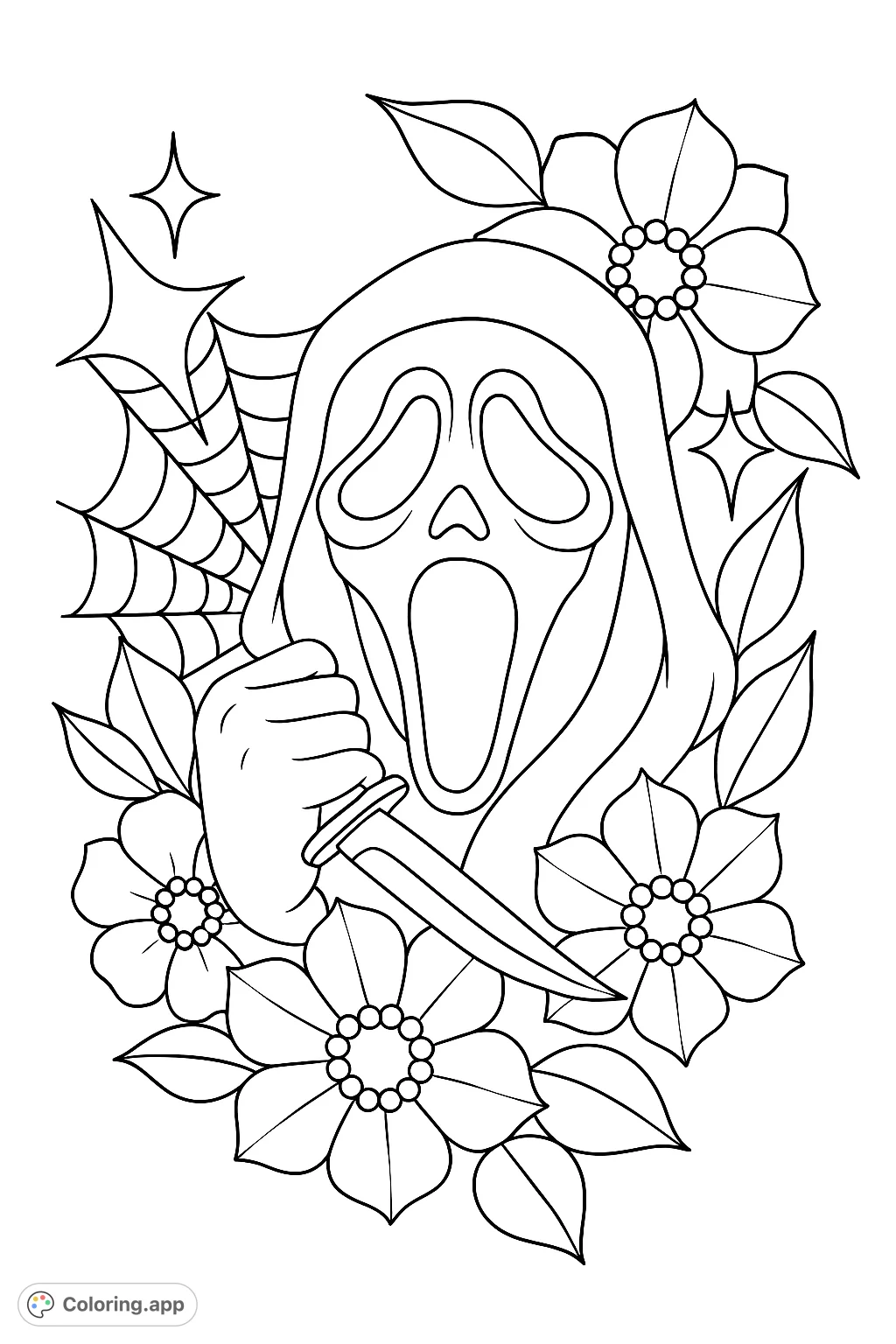 A chilling masked figure holding a knife, surrounded by delicate flowers, a spiderweb, and stars. A unique horror-themed coloring page.