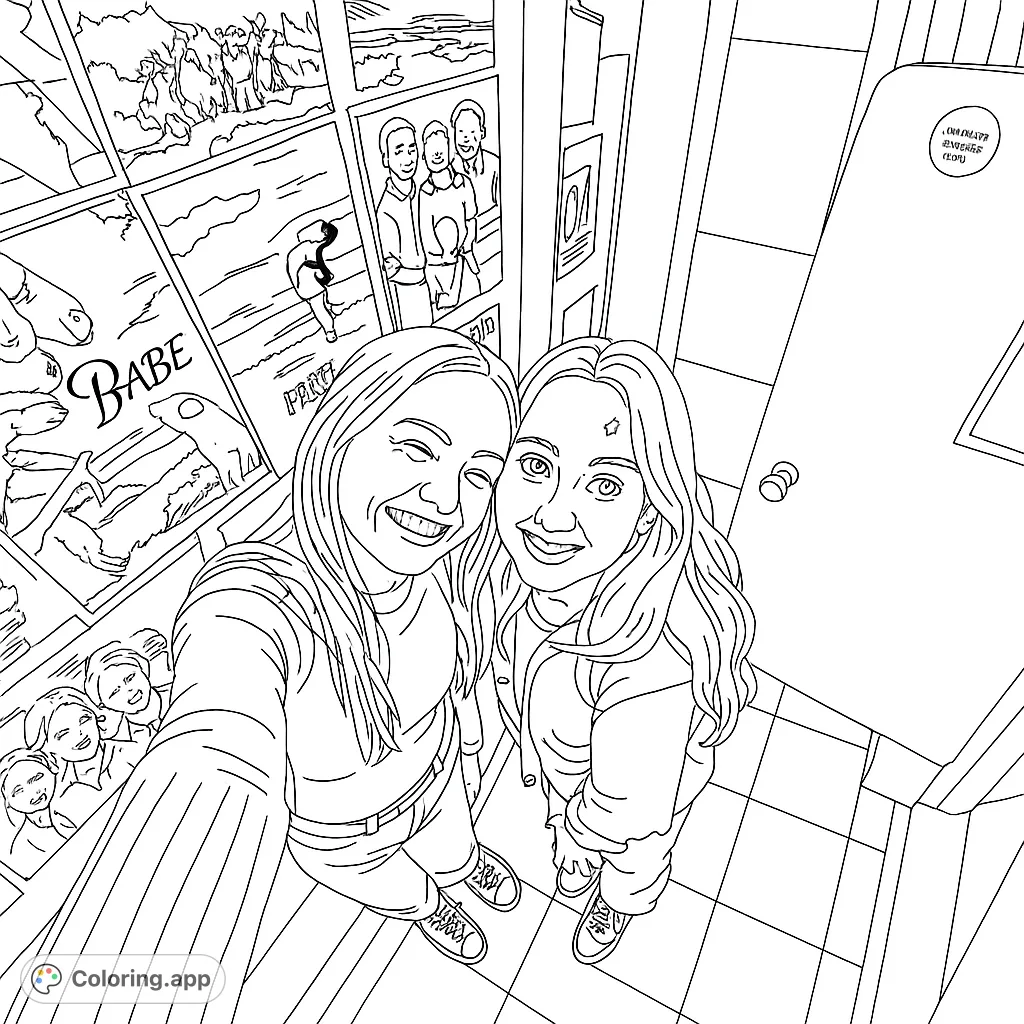 Two smiling friends capture a joyful moment surrounded by movie posters. A fun, engaging scene for creative coloring.