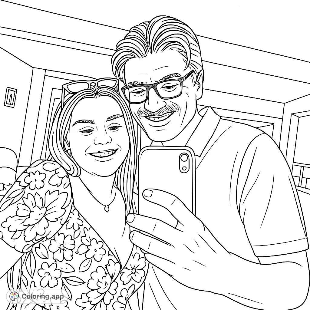 Capture a joyful selfie moment with this couple coloring page. Features two smiling individuals and intricate floral patterns.
