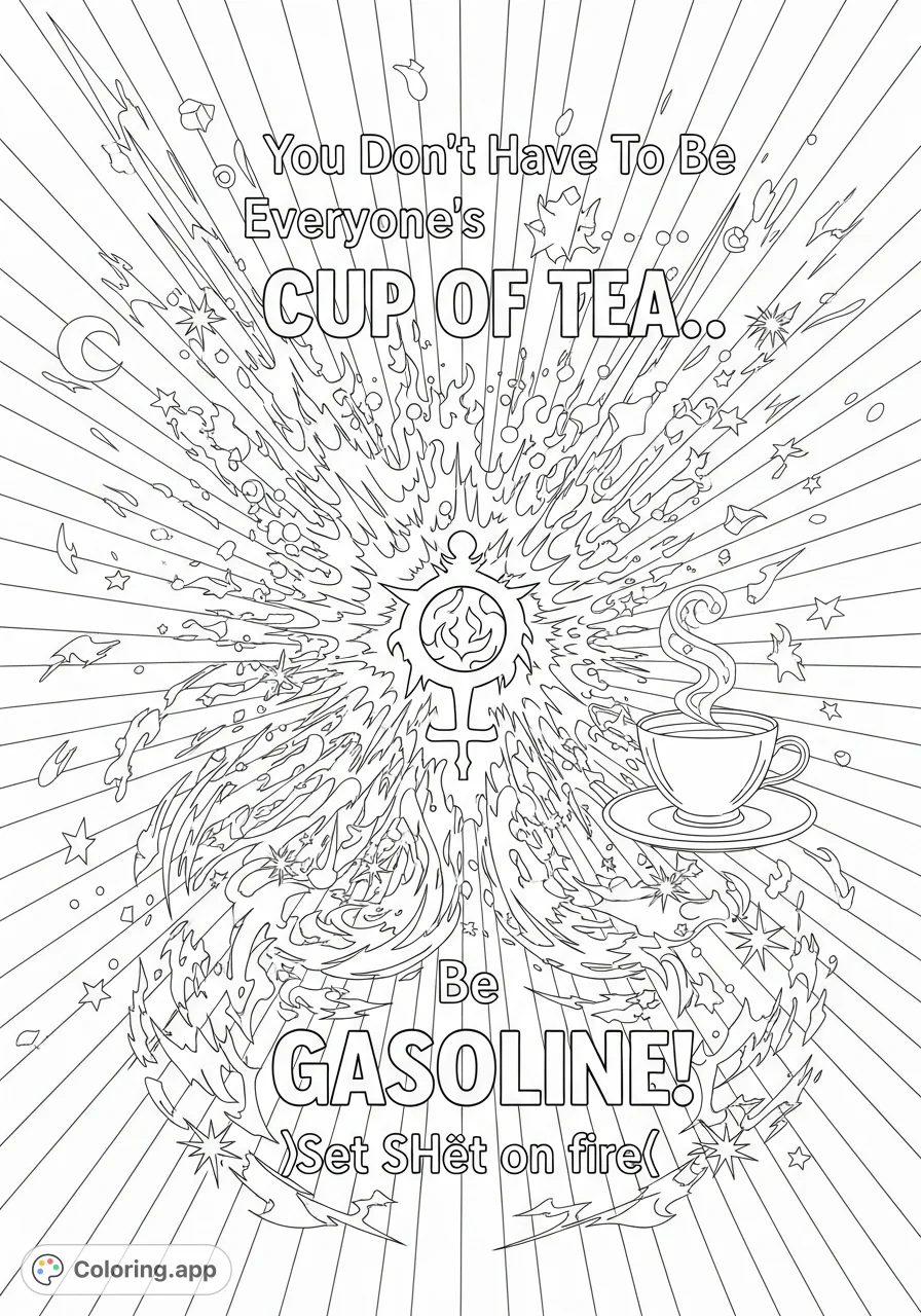 A powerful design featuring an empowering quote surrounded by dynamic flames and abstract energy, symbolizing self-expression and impact. A motivational coloring page.