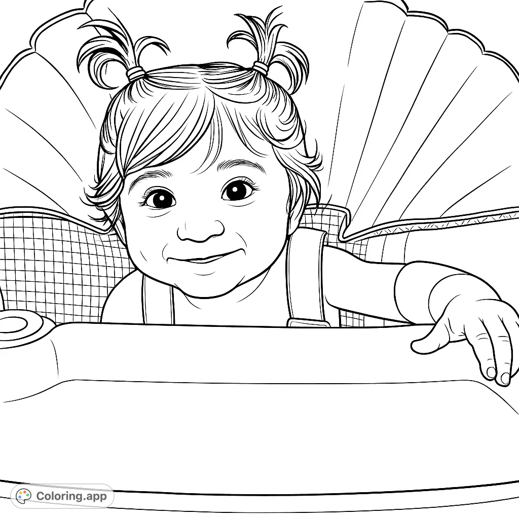 Adorable baby with pigtails smiles from a high chair, ready for a fun coloring adventure. Perfect for little ones and parents alike.