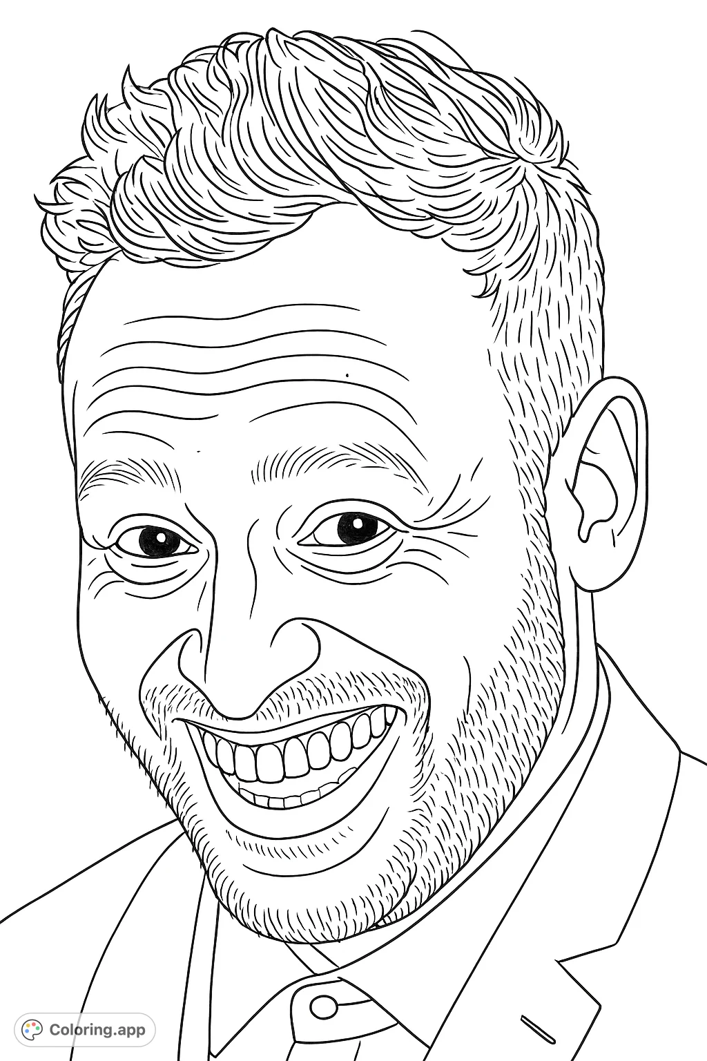 Capture a moment of pure joy with this detailed portrait of a smiling man. Perfect for exploring realistic skin tones, hair textures, and expressive features.