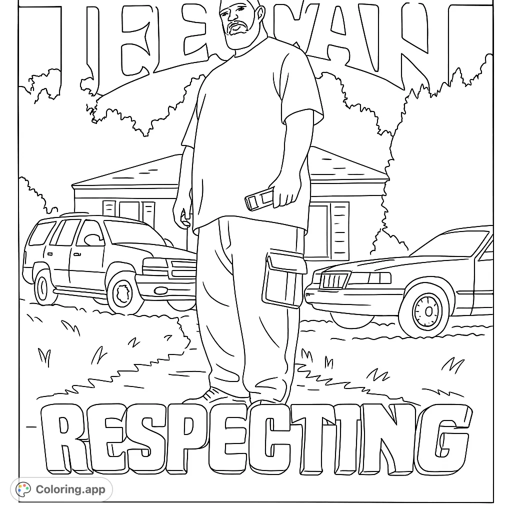 A powerful urban scene featuring a man standing between two cars, with a house and stylized text. Perfect for exploring street culture themes.