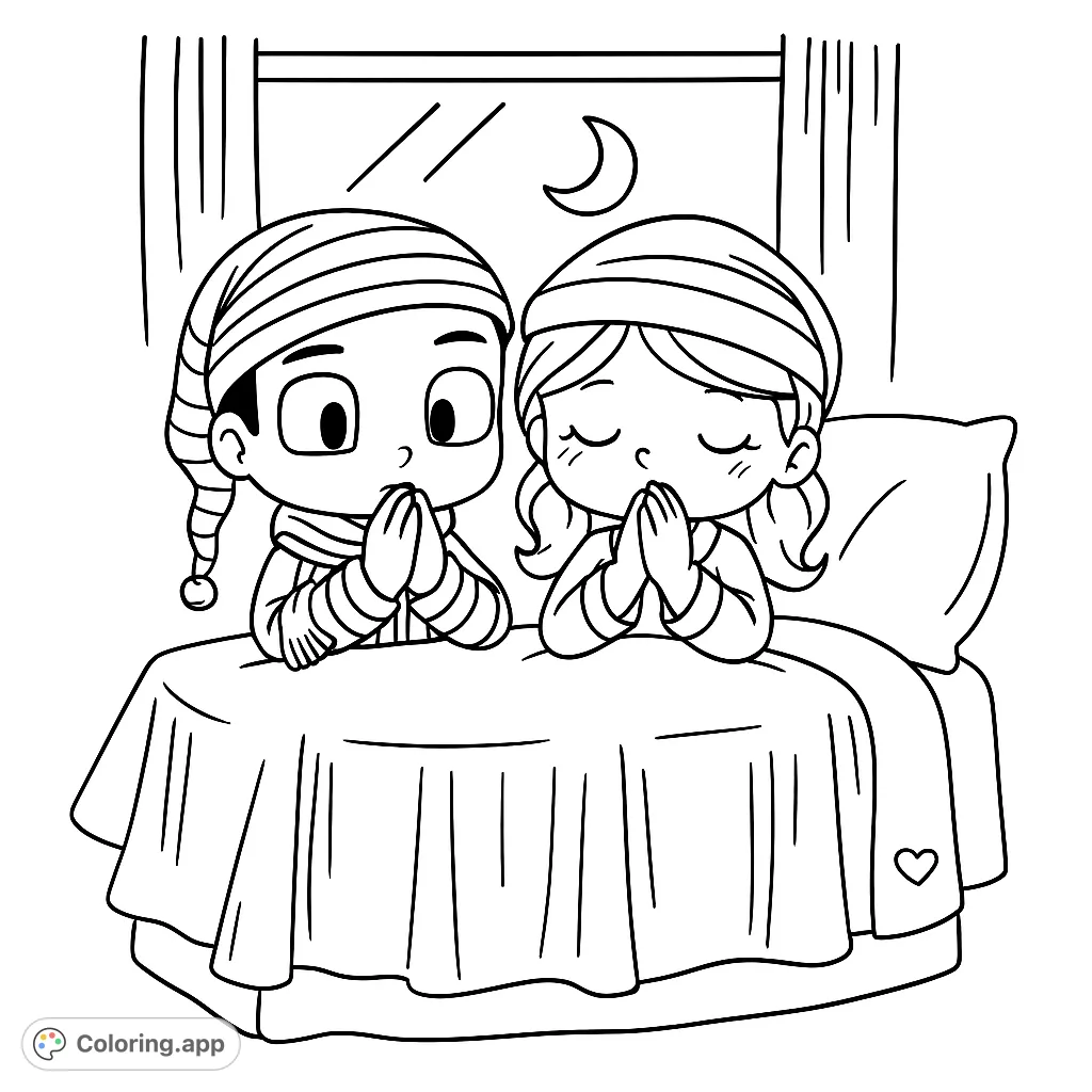 A heartwarming bedtime prayer coloring page featuring two children in nightcaps, hands clasped, under a window with a crescent moon. Perfect for peaceful reflection.