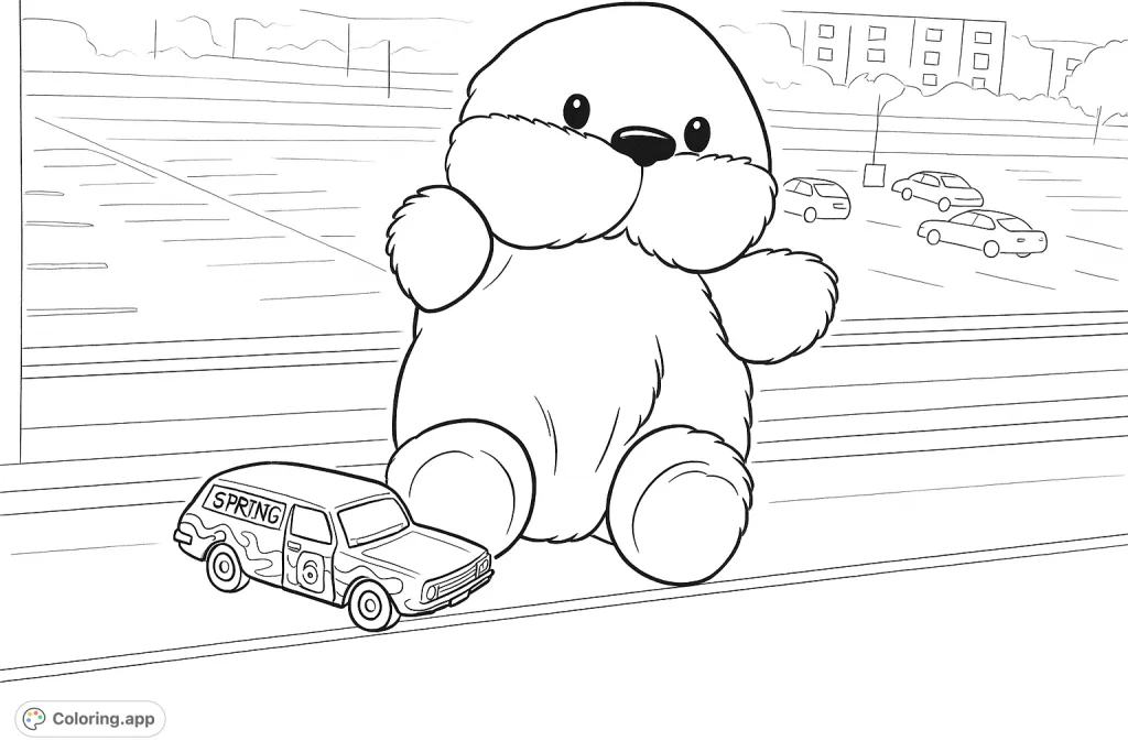 A charming plush otter sits beside a detailed toy car on a windowsill, overlooking an outdoor scene. Perfect for a fun, imaginative coloring experience.