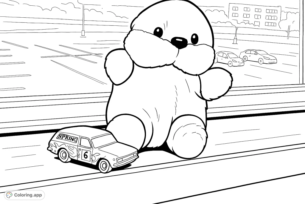 A charming coloring page featuring a cuddly plush otter and a detailed toy car on a window ledge, overlooking a distant parking lot. Perfect for imaginative fun!