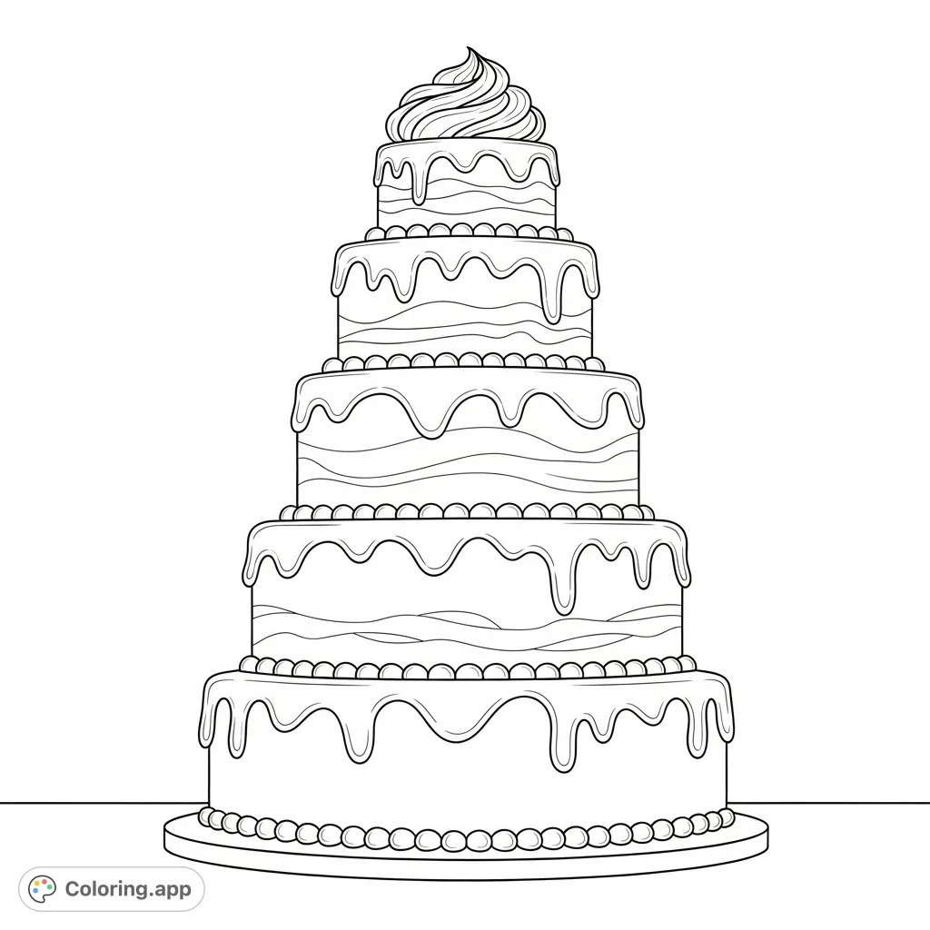 Celebrate with a magnificent, multi-tiered birthday cake, lavishly decorated with intricate frosting. A delightful food coloring page for all ages.