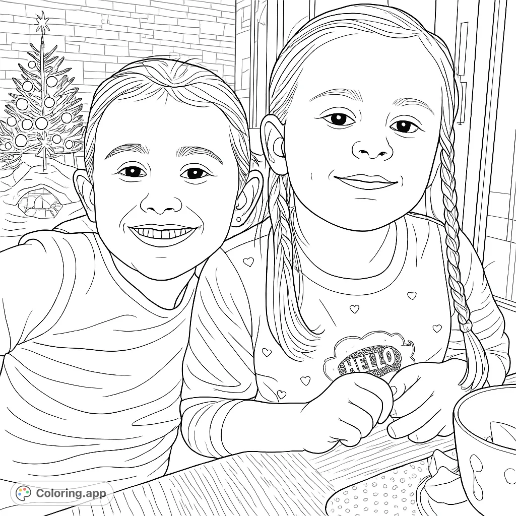 Two happy girls smiling together, with a festive tree and nativity scene in the background. A heartwarming scene for coloring.