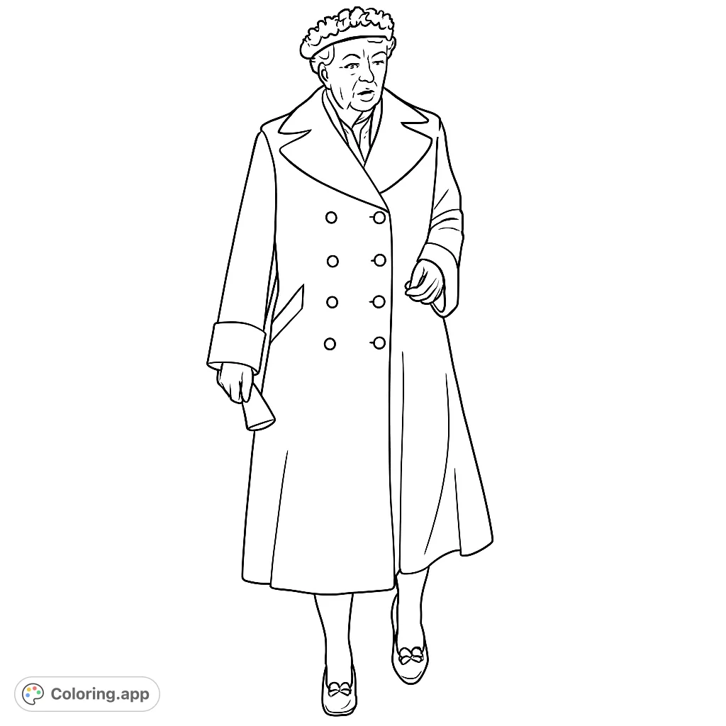 Color a distinguished woman in a long coat and hat, captured mid-stride. A timeless portrait for history enthusiasts and fashion lovers.