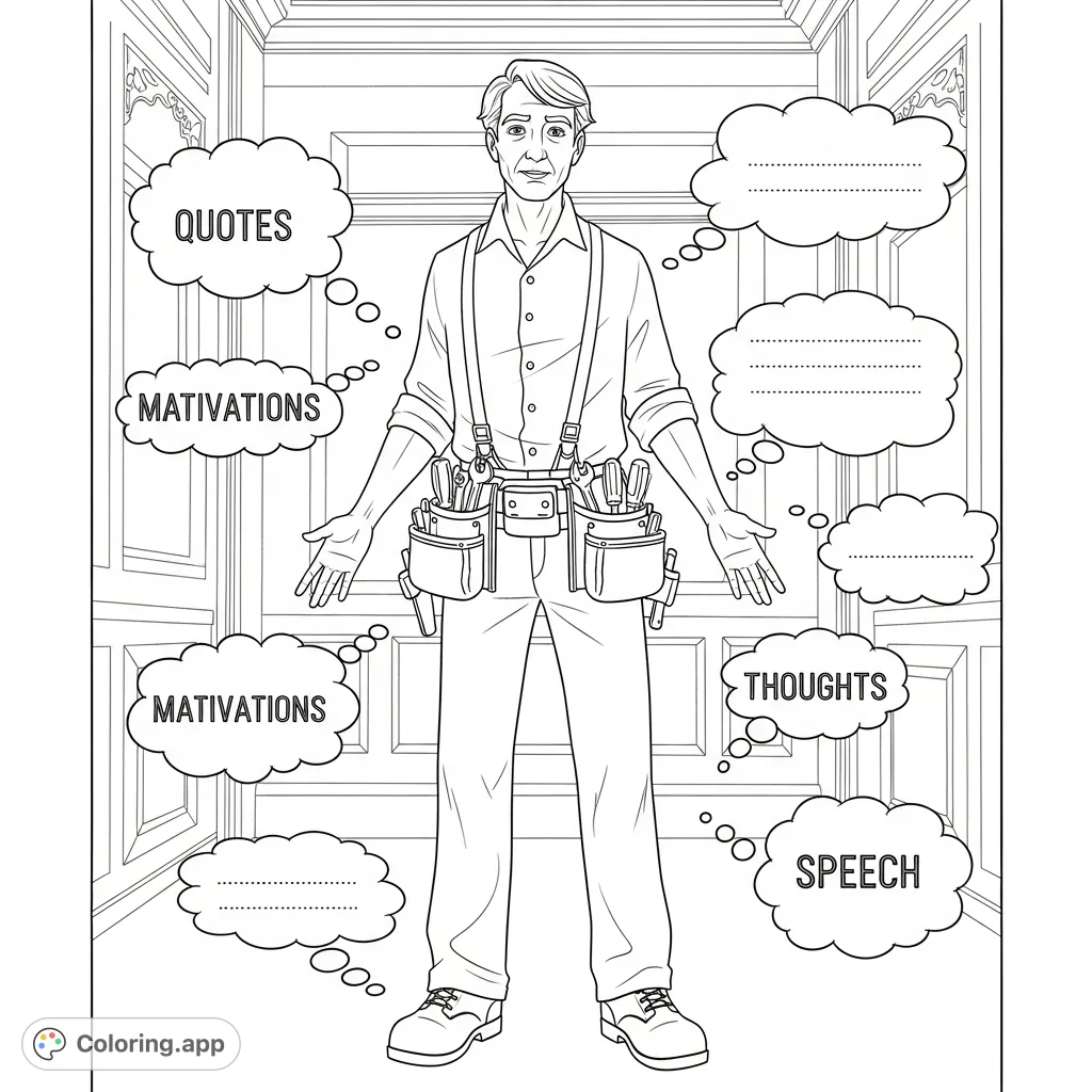Explore Pa from Serafina and the Black Cloak with this character analysis coloring page. Detail his traits, motivations, and quotes in interactive bubbles.