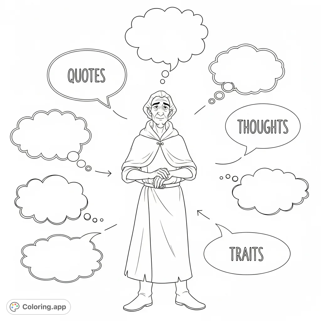 Color a unique graphic organizer featuring Pa from Serafina and the Black Cloak, with spaces for quotes, thoughts, and traits. Perfect for literary analysis.