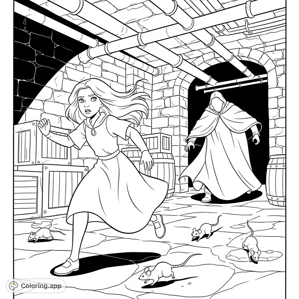 A thrilling Serafina and the Black Cloak coloring page featuring Serafina running from the mysterious cloaked figure in the Biltmore House basement.