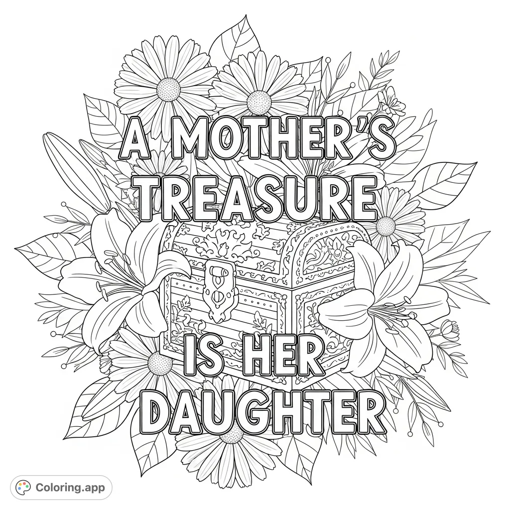 Celebrate the special bond with this beautiful floral coloring page featuring the quote "A mother's treasure is her daughter" and a hidden treasure box.