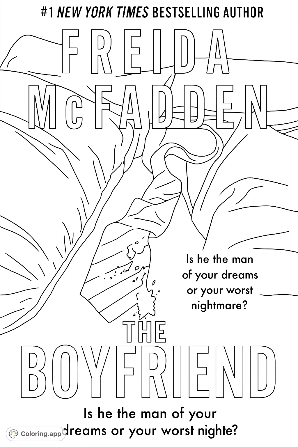 A suspenseful coloring page featuring a striped tie with splatters on a rumpled bed, inviting colorists to explore a dramatic scene.