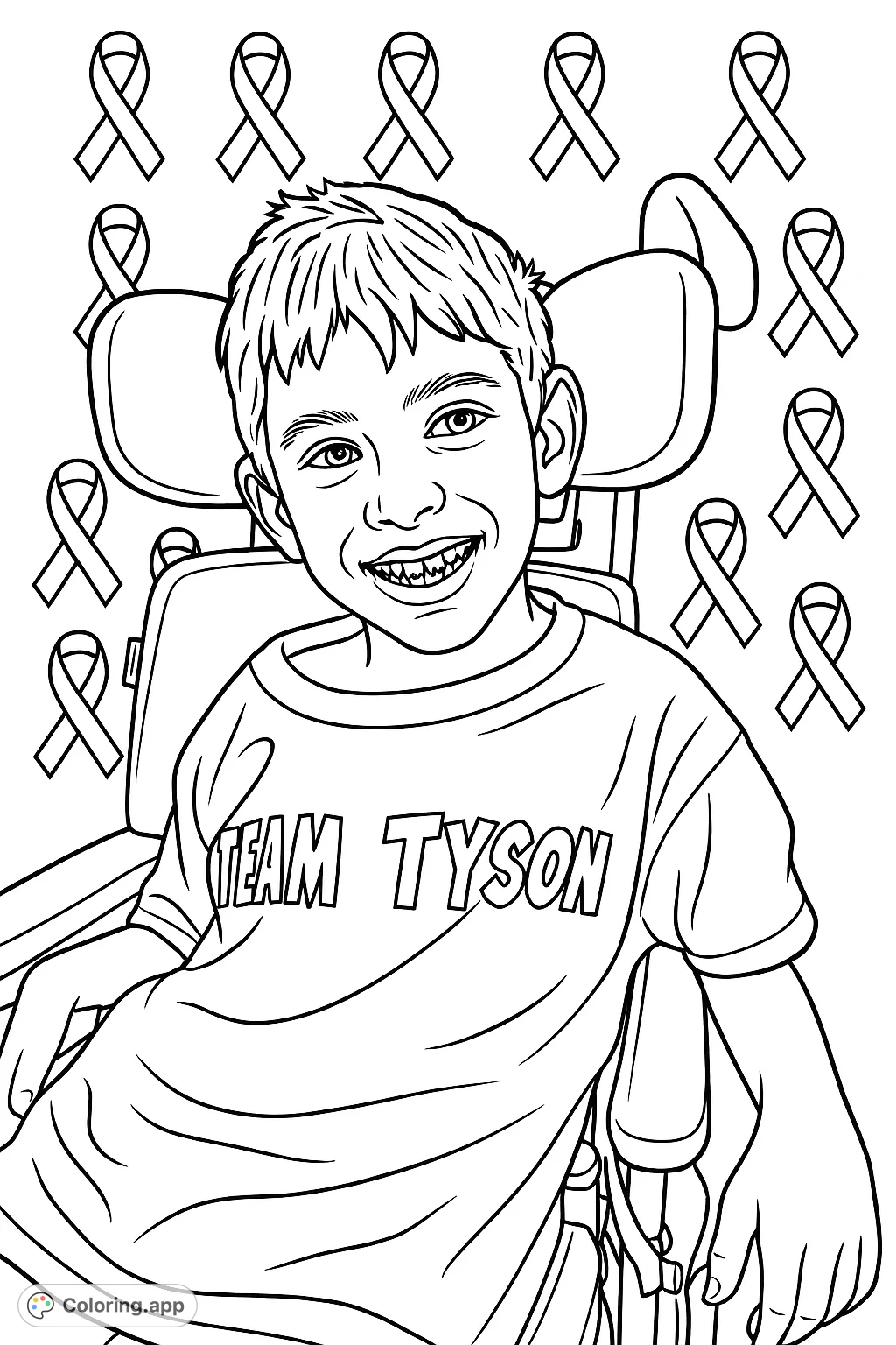 A heartwarming coloring page featuring a smiling child in a classroom, wearing a "TEAM Tyson" shirt, with inspiring cancer ribbons in the background.
